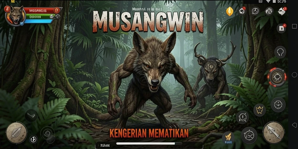 Tangkapan layar menakutkan dari gameplay <strong>MUSANGWIN</strong> yang mencekam di hutan angker.