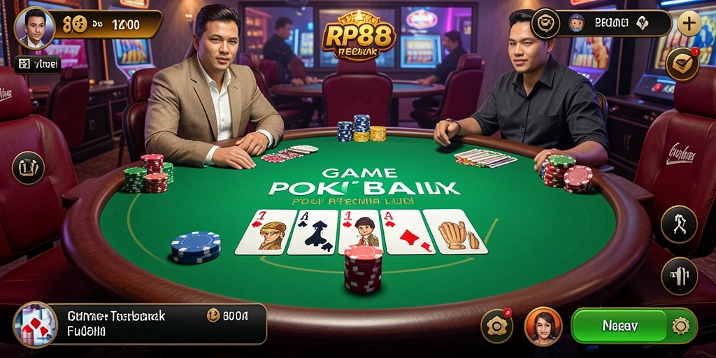 Screenshot utama RP8 menampilkan gameplay Poker yang mendebarkan.